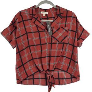 Monteau LA Tie Front Plaid Preppy Crop Top M Checked Schoolgirl Blousy Shirt NWT
